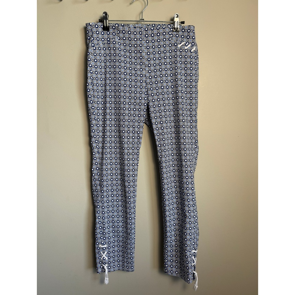 Robell Womens Blue Geometric Rose 09 Pants 10 Stretch Ankle Lace Up Preppy Chic